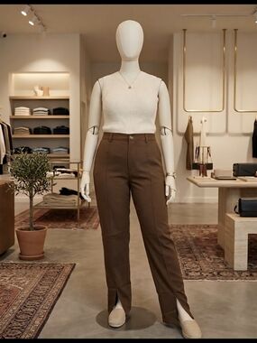 Shein Brown High-Rise Straight-Leg Trousers with Split Hem Size XL